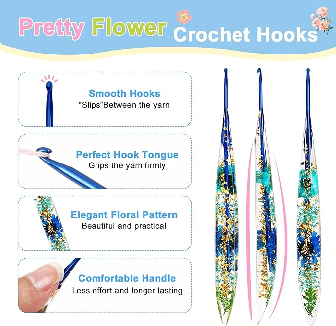 KOKNIT Ergonomic Crochet Hooks Set - 3 Sizes with Floral Resin Handles for Arthritis & Beginners, Comfort Grip for Hand Pain, Extended Soft Handle Design (Multicolor, 2-2.5-3mm)