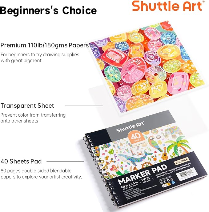 shuttle art marker pad, 8.9”x8.3” portable sketchbook, 40 sheets marker drawing paper, 110lb/180gsm smooth surface bleedproof art paper, spiral-bound, great for beginners to draw, paint & sketch