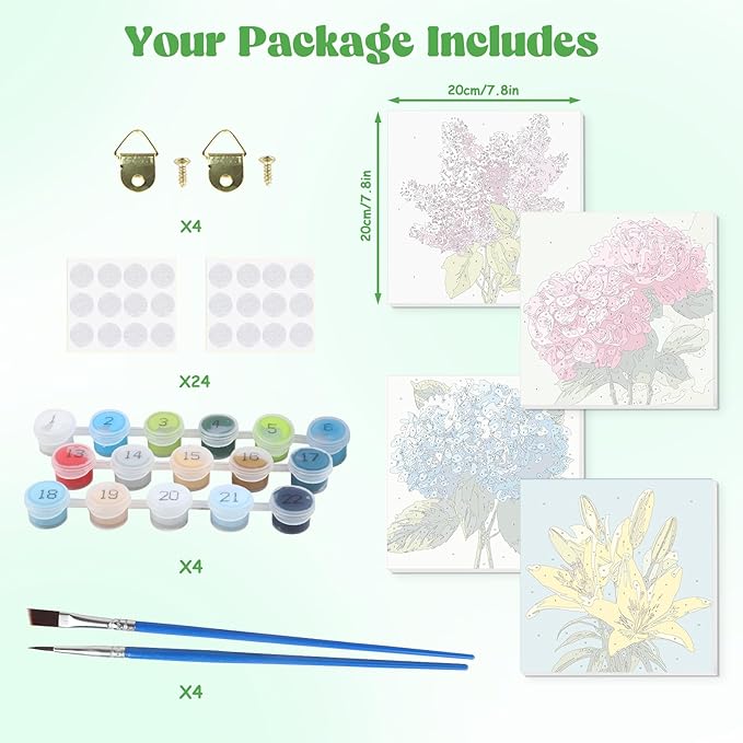 Lxmsja 4 Pack Subtle Flora Paint by Numbers Kit for Adults, Easy Framed Paint by Numbers for Adults Beginner, DIY Acrylic Oil Painting Craft Kits for Home Wall Decor 8x8 inch