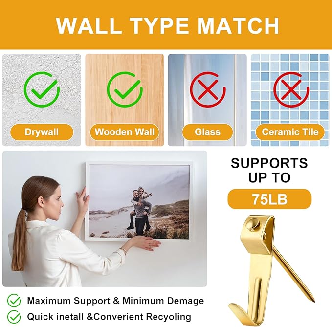 KURUI Picture Hangers, 385Pcs Picture Hanging Kit with Heavy Duty Picture Hanging Hooks, Sawtooth, Hardware Nails and Picture Hanging Tool, Wall Hangers for Frame, Painting, Art, Photo (Gold)