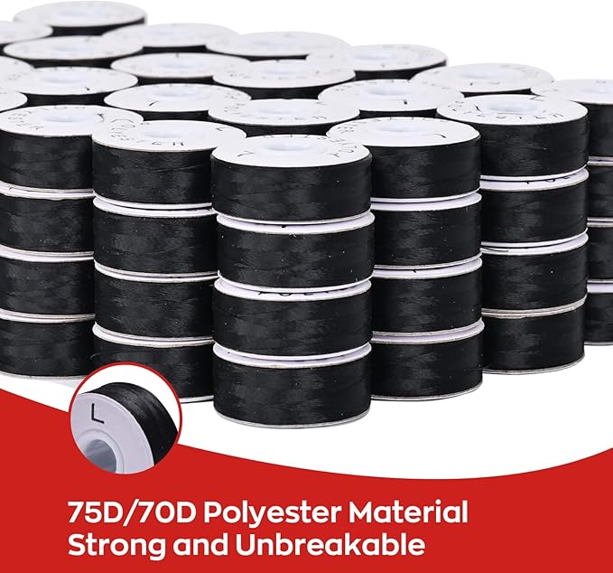 Poolin Prewound Bobbins, Richword Selected Black Cardboard Sided 144pcs Size L(SA155), 70D/2(60WT) Polyester Bobbin Thread for Commercial Multi Needles Embroidery Machine, 115 Yards