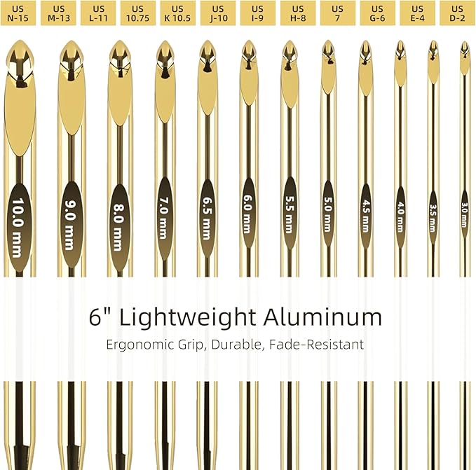 AIYUNDI Tunisian Crochet Hooks Set with Cable, 6-Inch Gold-Plated Aluminum Interchangeable Crochet Hooks 3mm-10mm, Long Crochet Hooks, Lightweight, Anti-Twist Swivel Cables, Ergonomic, Gold 26 PCS