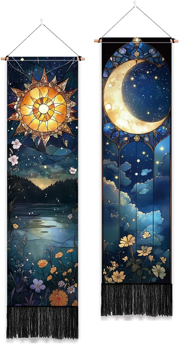 PLIGREAT 2 Pack Sun Moon Tapestry with Tassels, 52" x 13" Stained Glass Aesthetic Wall Hanging Vertical Flower Home Art Tapestry for Bedroom Living Room Bathroom Long Narrow Wall Hanging Art Decor