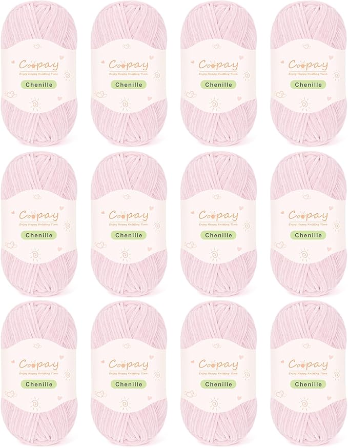 Coopay Skinny Chenille Yarn for Crocheting and Knitting, 12 Pack of 50g/1.76oz - 1764yd Total, Crochet Yarn of Light Weights - Suitable for Baby Blankets, Plush Toys, Garments - Super Soft (Lotus)