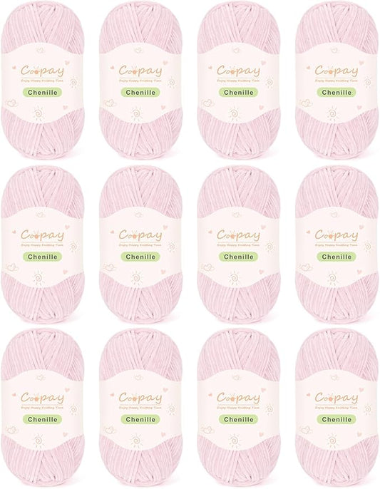 Coopay Skinny Chenille Yarn for Crocheting and Knitting, 12 Pack of 50g/1.76oz - 1764yd Total, Crochet Yarn of Light Weights - Suitable for Baby Blankets, Plush Toys, Garments - Super Soft (Lotus)