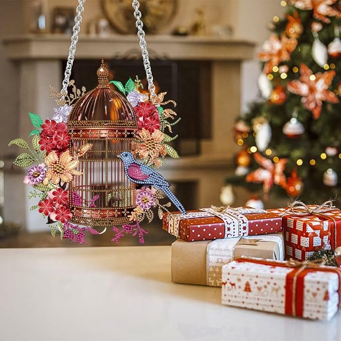 Flower Birdcage Design DIY Diamond Art Painting Wreath Kits Special Shaped Rhinestone Diamond Art Window Pendants Home Garden Wall Hanging Kits (Single Side Point Drill) (#11-Cat) (#03-Bird)