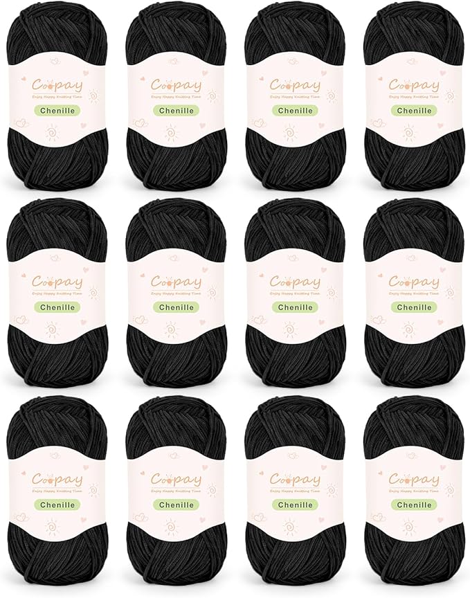 Coopay Skinny Chenille Yarn for Crocheting and Knitting, 12 Pack of 50g/1.76oz - 1764yd Total, Crochet Yarn of Light Weights - Suitable for Baby Blankets, Plush Toys, Garments - Super Soft (Black)