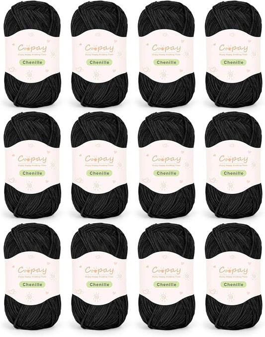 Coopay Skinny Chenille Yarn for Crocheting and Knitting, 12 Pack of 50g/1.76oz - 1764yd Total, Crochet Yarn of Light Weights - Suitable for Baby Blankets, Plush Toys, Garments - Super Soft (Black)