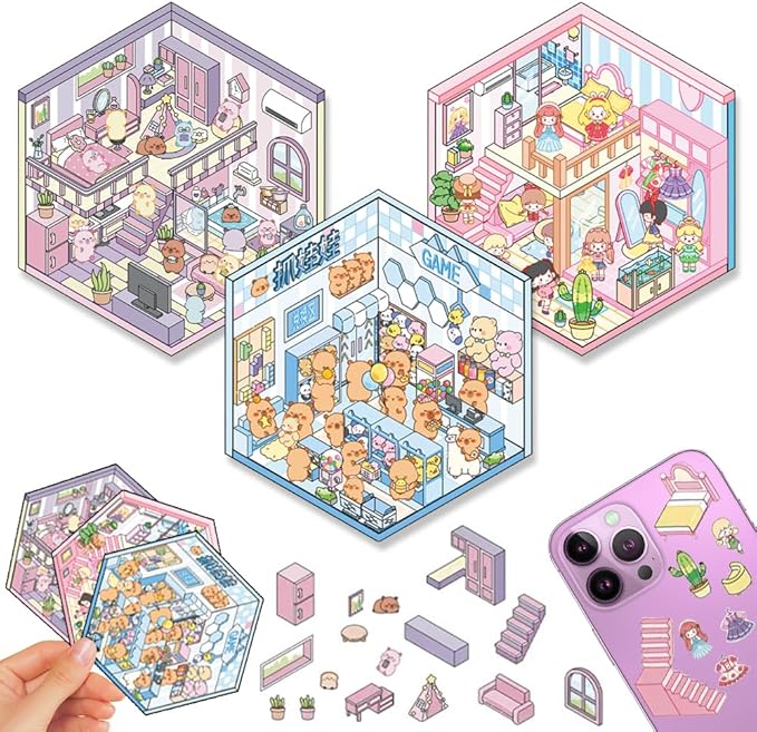 Scrapbooking Supplies Kit,DIY 3D Stickers Scene,3 Set Funny DIY Sticker Scenes,Make Your Own Cute 3D Miniature Room Scene Stickers for Adults Relief Stress Pass The Time.2-3-4