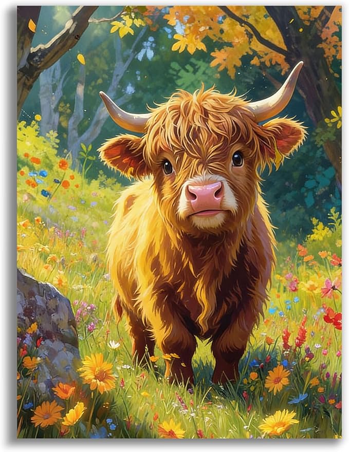 Gemozaic Highland Cow Diamond Painting Kits for Adults, Cute Cow Diamond Art Kits for Adults, Farmhouse Gem Art Kit for Gift Home Wall Decor, 12 x 16 Inch, No Frame