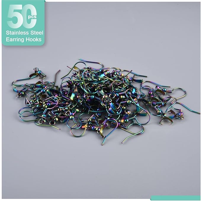 earring hooks 50pcs/25pairs, stainless steel rainbow ear wires fish hooks, hypo-allergenic jewelry findings parts for diy jewelry making