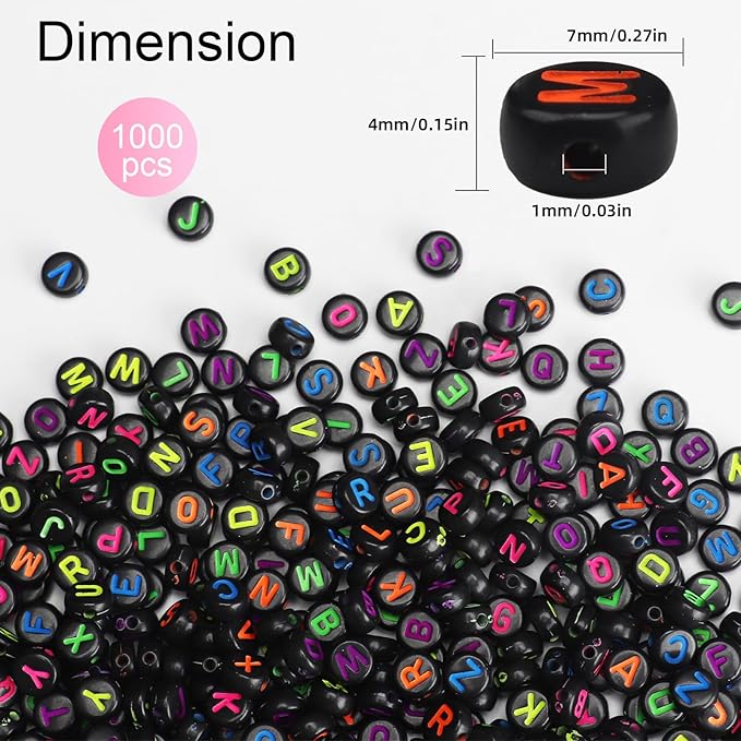 sutoug 1000pcs letter beads for threading, 4 x 7 mm acrylic round alphabet beads for jewellery diy making crafts bracelets necklaces ornaments-black