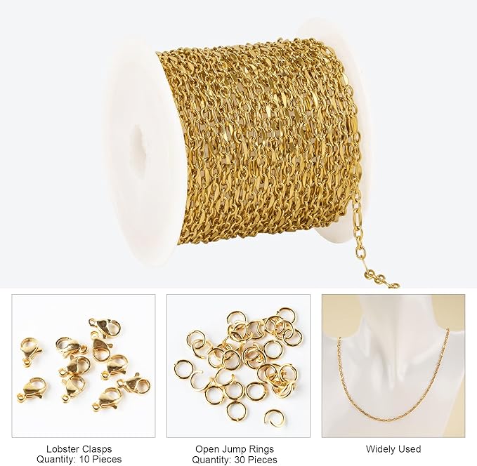 Kyutong Gold Plated Stainless Steel Jewelry Chain Roll on Bulk 5 Meters Long Cable Necklace Chains with Connectors for Jewelry Craft DIY