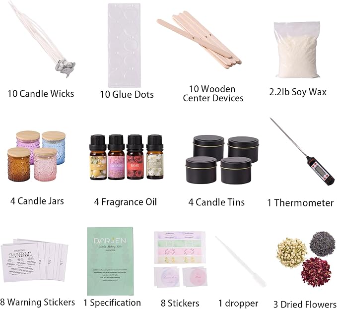 DARJEN Candle Making Kits - Soy Candles Making Supplies for Adults Including 4 Candle Jars(Amber, Pink, Blue, Purple), Candle Tins, Wax, Scents, Dried Flower & More, DIY Arts & Crafts Kits Home Decor
