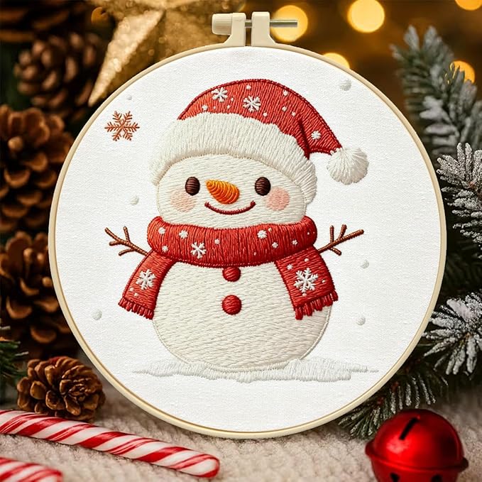 Zhenqing Snowman Embroidery Kit for Beginners - Complete Set with 20cm Hoop, Pre-Printed 29x29cm Cotton Fabric, Threads & Tools(C0146)