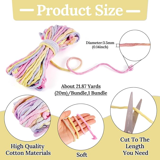 21.87 Yards Rainbow Single Strand Macrame Cord 3.5mm Gradient Colored Cotton Cord Colorful Twine Bohemia Soft Cotton Rope Yarn for DIY Crafts Knitting Crochet Wall Plant Hanger Home Project