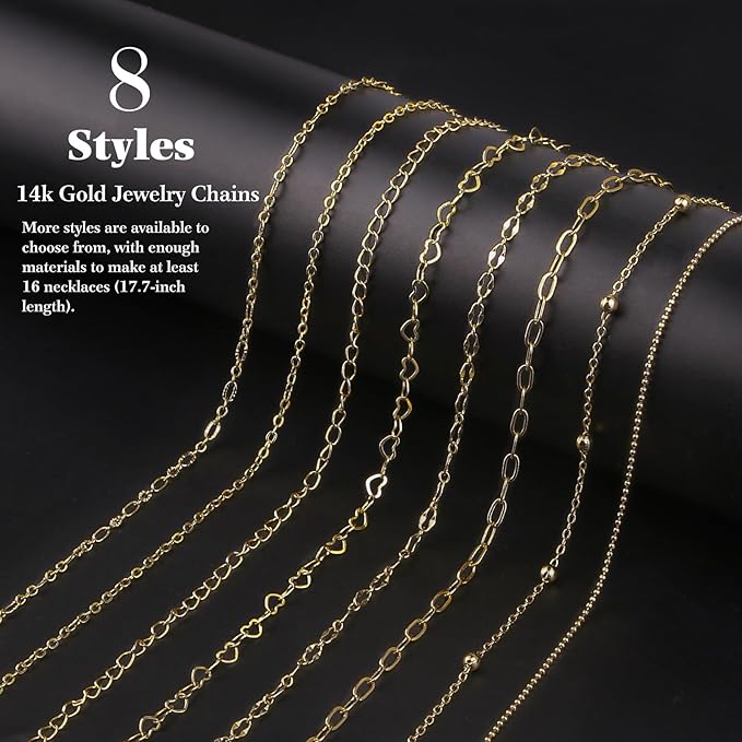 14k Gold Necklace Chains for Jewelry Making, Total 27 Feet 8 Rolls Bracelet Chains for DIY, 3.3 Feet Each Style, 14K Gold Plated Chain with Jump Rings/Lobster Clasps/Connectors