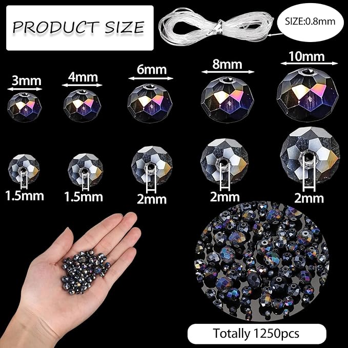 Song Xi 1250PCS 5 Different Size Black Crystal Beads for Jewelry Making, Rondelle Glass Beads for Bracelets Necklace, Earring and Making Supplies, Arts and Crafts, AB Color (3/4/6/8/10mm)