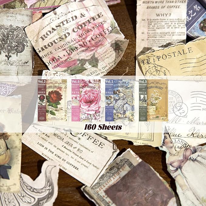160Pcs vintage scrapbook supplies Set,4 styles of design Mixed Special Paper for Letter Writing,Double-sided scrapbook paper, DIY Junk Journal supplies, decoupage paper,card making supplies