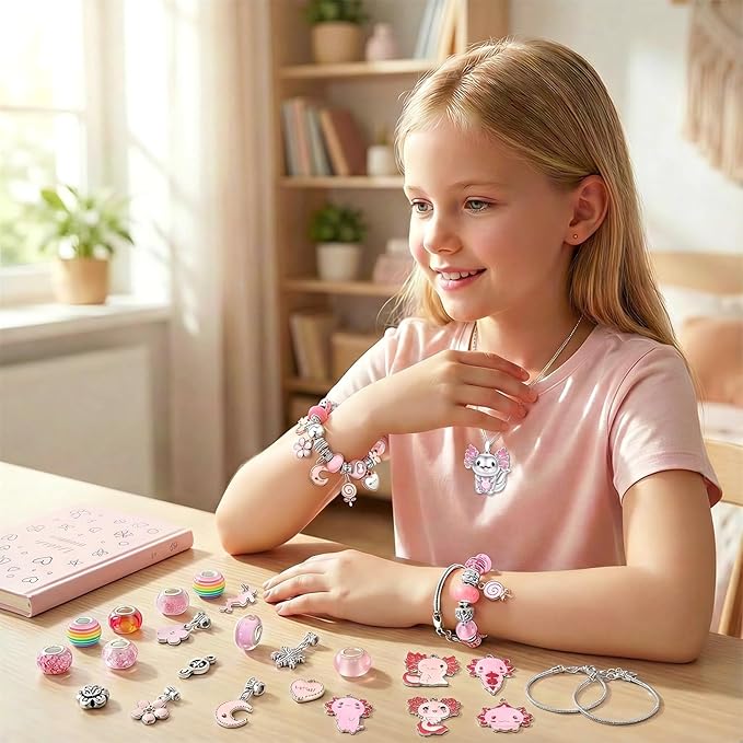 Rinziigo Axolotl Kawaii Charm Bracelet Making Kit, Cartoon Jewelry Making Supplies Beads, Cute Crafts Gifts Set for Woman