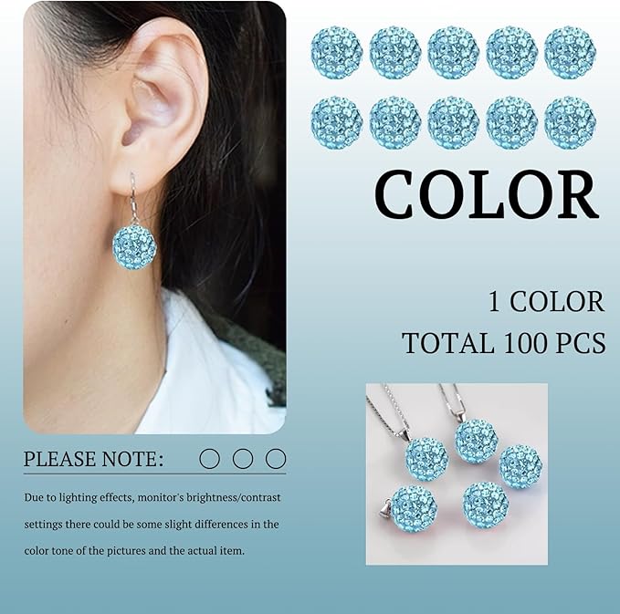 10mm Grade A Aqua Blue Rhinestone Beads for Baseball Necklace-Round Disco Ball Bead Rhinestone Clay Beads for Earring Jewelry Making,Necklace Bracelet,DIY Craft Supplies(100 pcs)
