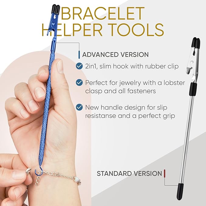 Bracelet Helper Tool with Hook - Fastener Helper Tool for Bracelet, Necklace, Jewelry, Watch - Clip, Clasp Helper - Portable, Easy-to-Use, Made of Metal - Blue