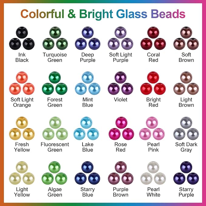 XSEINO About 1200+ PCS 6mm Imitation Pearl Style Glass Beads Bracelet Making Kit, 24 Assorted Colors Imitation Pearl Series Crystal Beads for Jewelry Making and DIY Crafts, Friendship Bracelets
