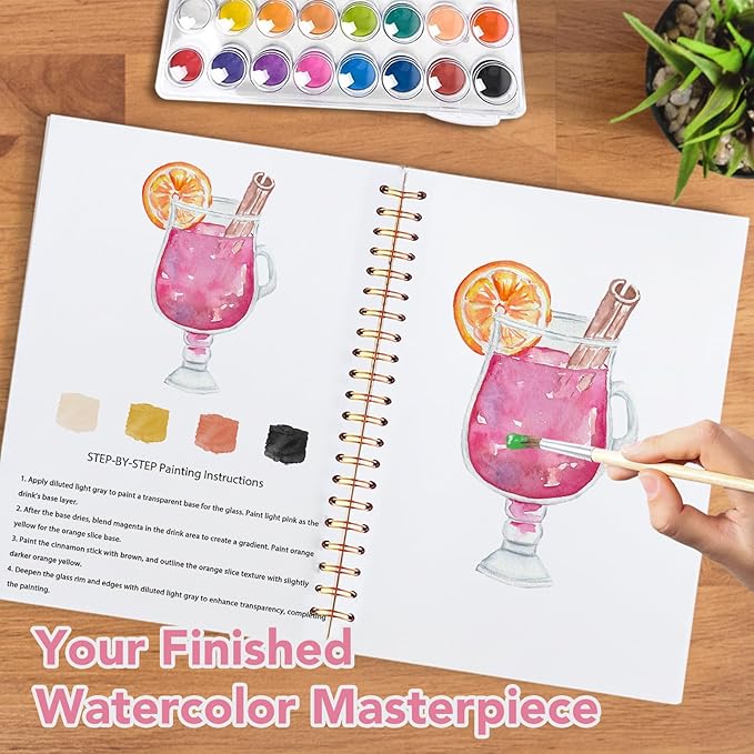 Easy Watercolor Workbook for Beginners - 12 Beautiful Step-by-Step Paintings Water Coloring Book, Includes 16 Colors Paints, Relaxing Art Projects and Creative Gift for Adults & Teen (Cocktails)