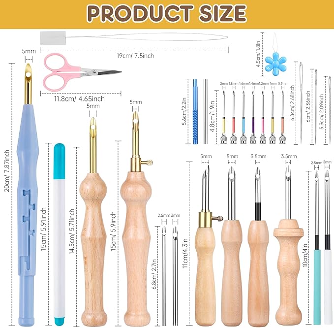 37Pcs Punch Needle Kit for Beginner,Complete Set Includes Wooden Handle Punch Needle Tools in Various Sizes & Storage Case,Perfect for Crafting and Gift(White)