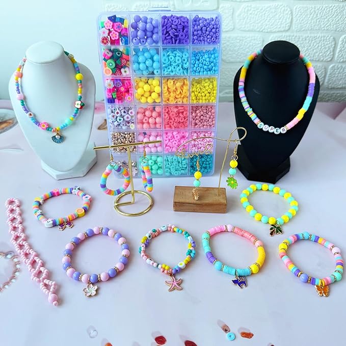 3100Pcs Clay Bead Bracelet Making Kit - Macaron Polymer Clay Heishi Seed Beads Assorted Acrylic Round Pastel Beads Gold Spacer Beads Spring Flower Charms for Bracelet Jewelry Earring Making DIY Craft