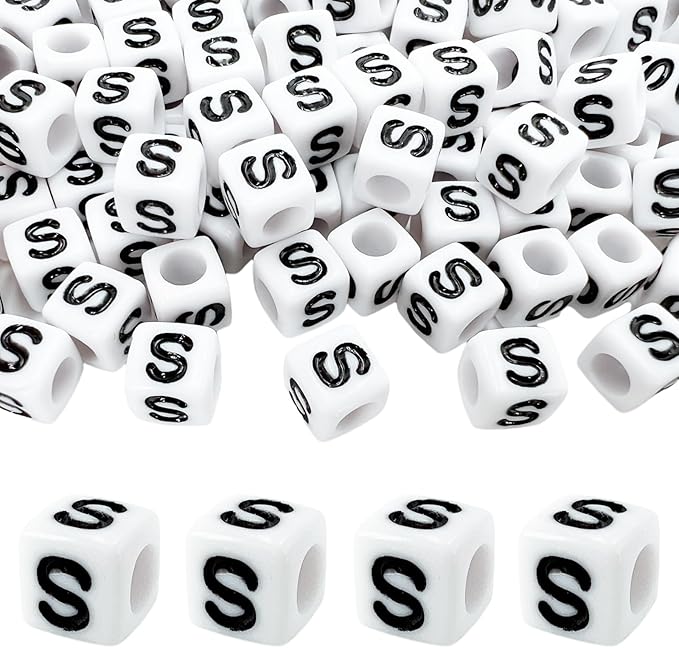 MIIIM 100pcs Pony Beads Letter S for Keychains Making, 6x6mm Large Hole Square Letter Beads for Bracelets Making, Alphabets, Numbers (White and Black)