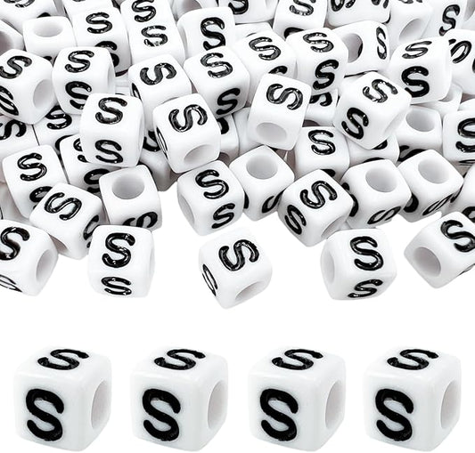 MIIIM 100pcs Pony Beads Letter S for Keychains Making, 6x6mm Large Hole Square Letter Beads for Bracelets Making, Alphabets, Numbers (White and Black)