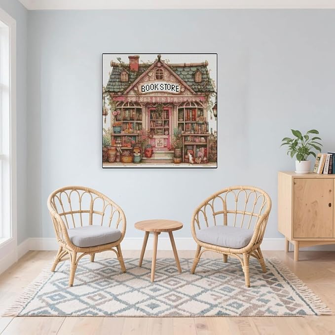 MYBISYMQQ Book Store Cross Stitch Kits for Adults,11CT Stamped Cross Stitch Kits for Beginner,DIY Needlepoint Embroidery Patterns Kits Embroidery Patterns for Home Wall Decor 13.7x13.7 inches