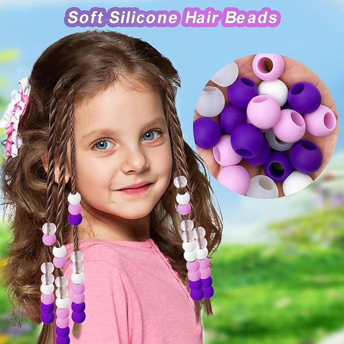 120Pcs 14mm Large Silicone Beads for Hair Braids, Soft Jellyish Hair Beads with 7mm Hole + 50 Rubber Bands and 1 Beader for Braiding, DIY Bracelets Necklaces Crafts(Purple)