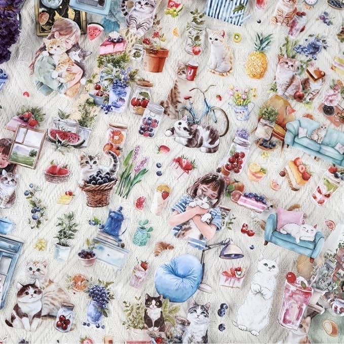 Journal Sticker Book for Journaling and Scrapbooking, Cat Blueberry Theme, 20 Sheets 3.9x5.9 inches, Precut Transparent PET Stickers for Junk Journal Supplies, Collage, Scrap Book