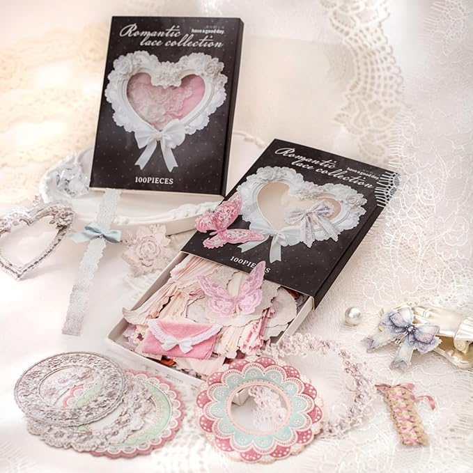 100 Pieces Romantic Lace-Themed Scrapbook Stickers Set, Aesthetic Decorative Stickers for Scrapbooking, Junk Journaling, Crafting, DIY Projects, Diaries and Art Supplies