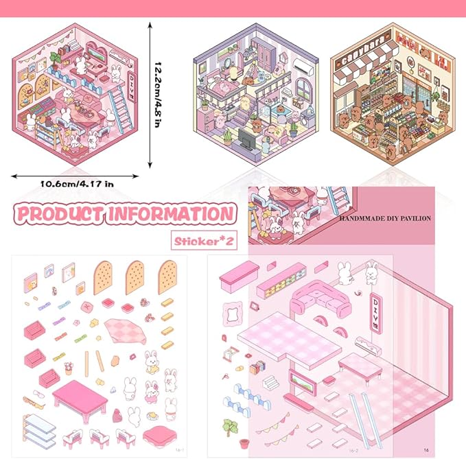 Scrapbooking Supplies Kit,DIY 3D Stickers Scene,3 Set Funny DIY Sticker Scenes,Make Your Own Cute 3D Miniature Room Scene Stickers for Adults Relief Stress Pass The Time.20-1-2