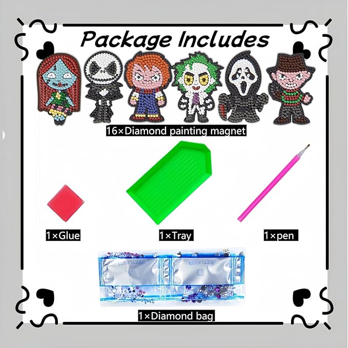 16 Pcs Horror Diamond Painting Magnets Kits,Halloween Diamond Art Fridge Magnet Refrigerator Sticker Diamond Painting kit for Beginners Adults DIY Art Craft Gifts Home Decors (Horror)