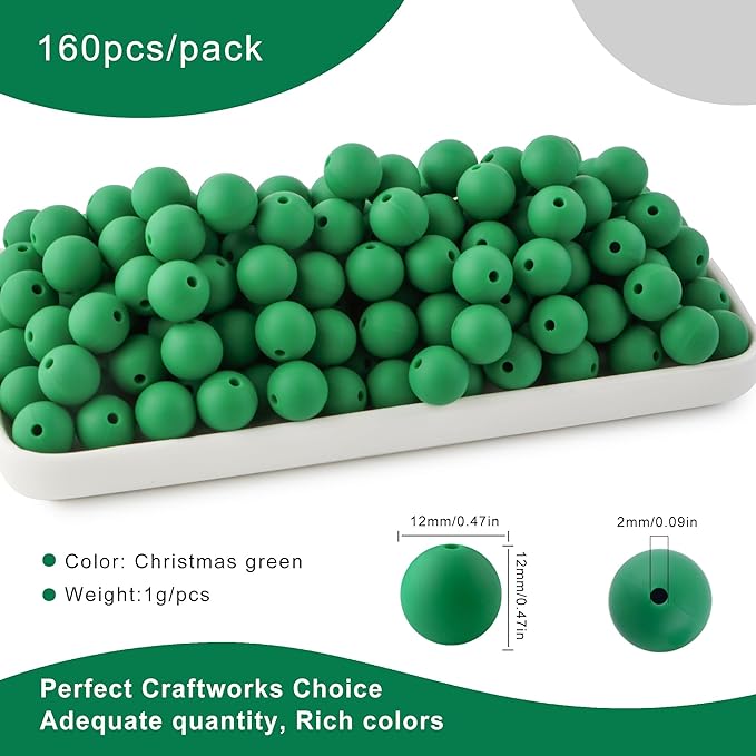 160Pcs 12mm Silicone Beads for Keychain Making Bracelet Necklace, Bulk Round Silicone Beads for Pens（Christmas Green）