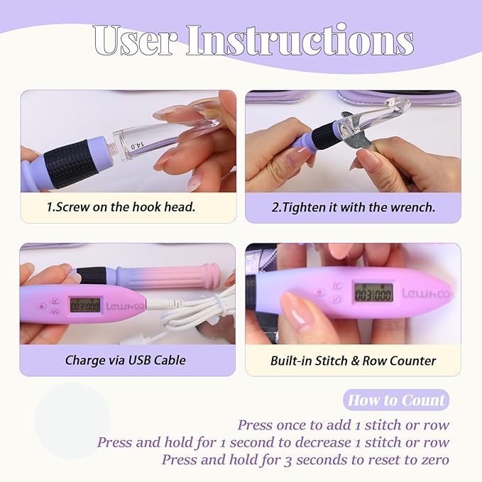 Lewhoo Light up Crochet Hook, 22 in 1 Lighted Crochet Needle Easy to See Stitch with Screw Knob, Ergonomic Gradiant Crochet Hook Set Glow in Dark, Metal and Plastic Hooks Purple 2.0-14.0mm