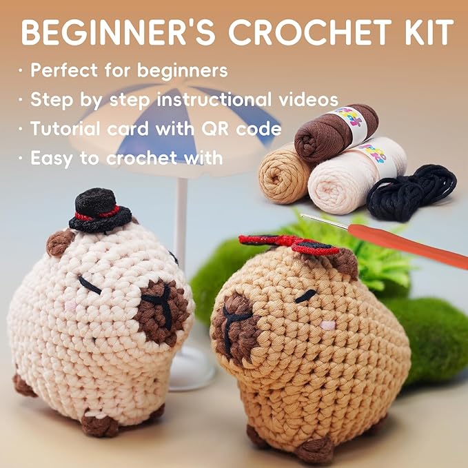 LUDOTEK Crochet Kit for Beginners, Crochet Animal Kits,Crocheting Kit for Starters with Step-by-Step Video Tutorials, Beginner Crochet Kits for Adults(Sitting Capybara)