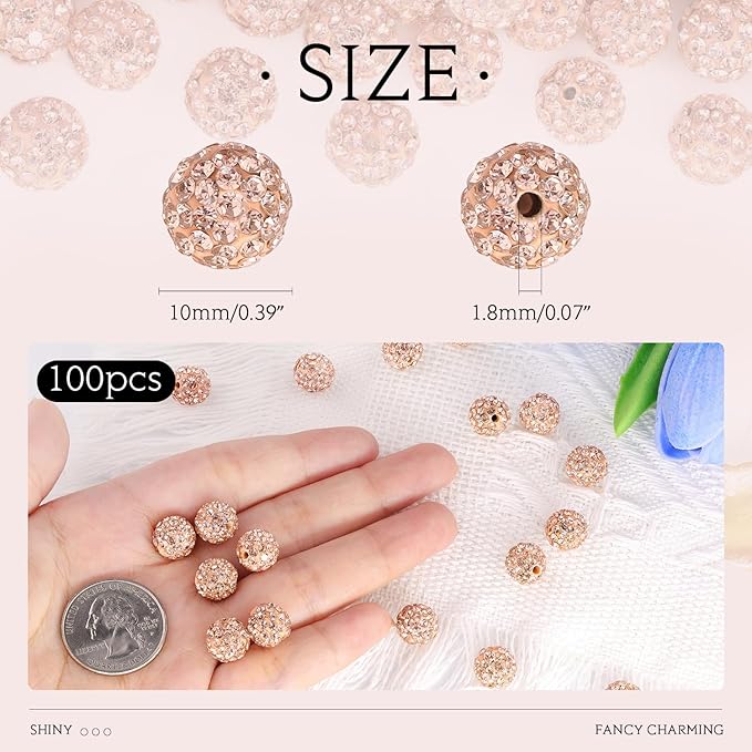 100 pcs 10mm Rhinestone Beads for Jewelry Making, Light Peach Shiny Round Shamballa Disco Beads Bulk, Sparkle Crystal Clay Christmas for Bracelet Baseball Necklace Earring Crafting and DIY