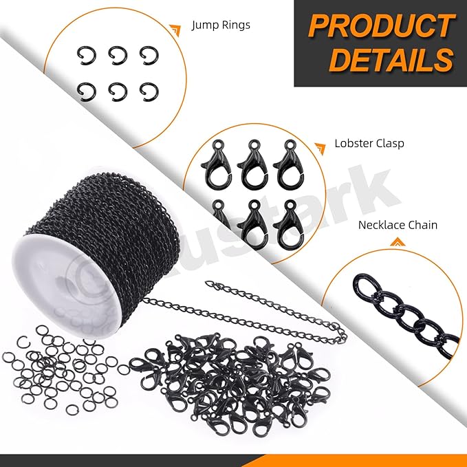 Rustark 102Pcs 4mm 30 Feet Black Jewelry Making Chains Kit Thin Necklace Bracelet Chain Twisted Links Curb Chain with Jump Rings Lobster Clasps and Pliers for Bracelet Necklace Jewelry Making