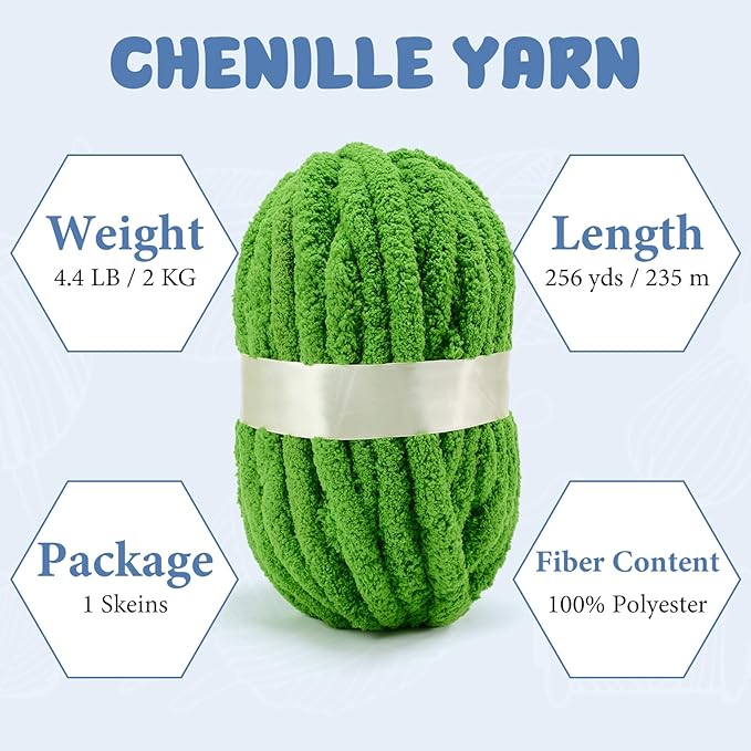 Chunky Yarn for Hand Knitting, Jumbo Chunky Yarn for Crocheting, Chunky Chenille Yarn, 1 Pack (32 yds 8.5 oz Each Skein),#7, Green