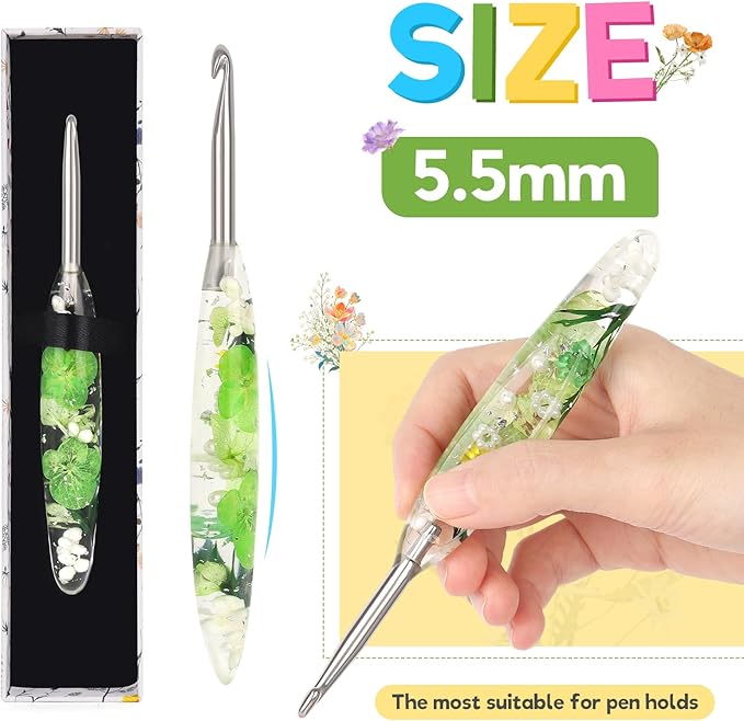 Katech 5.5mm Crochet Hook for Arthritic Hands, Hand-Polished Stainless Steel Ergonomic Crochet Hooks with Customized Sparkle Dried Floral Grip, Soft Tapered Hook-Crochet Gift for Beginner & Crocheter