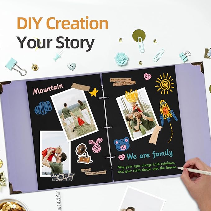 Vienrose DIY Scrapbook Photo Album Kit with Pens Tapes and Stickers 60 Pages Hardcover 8.5x11 Inches 3 Rings Removable Black Paper Scrapbooking for Lover Friends Kids Wedding Purple