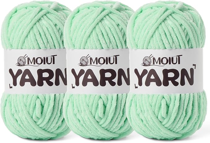 3 Pack Fluffy Chenille Yarn for Crocheting, Chunky Velvet Yarns for Crochet Amigurumi, Baby Yarn for Crocheting Soft Blanket, 262.4yds /10.5 oz Bulky Yarns for Crafts/Hats/Shoes/Socks (3 Mint Green)