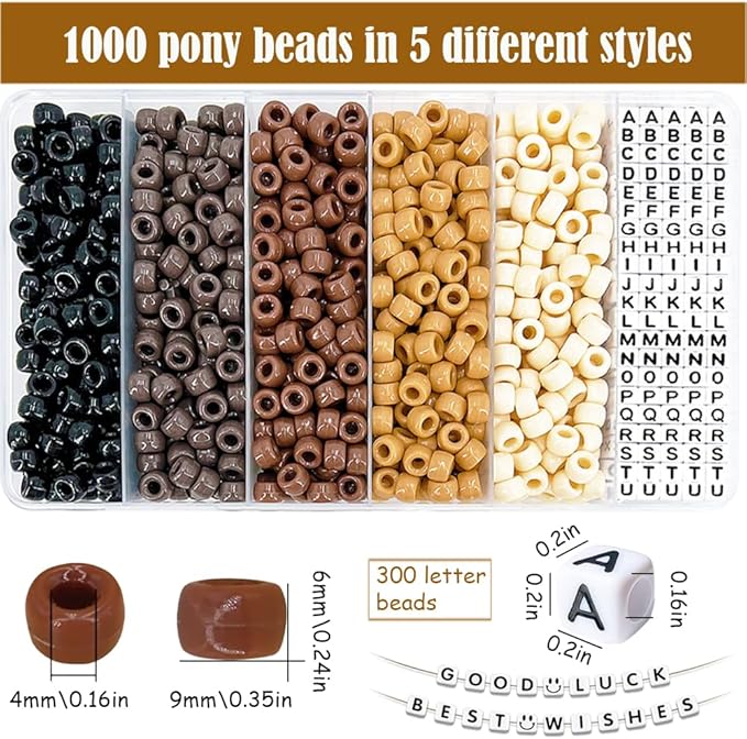MIIIM 1300 Pcs Pony Beads Kit for Friendship Bracelet, 6 Styles Kandi Bracelet Kit in Box with Individual Compartments, Hair Beads for Braids, Letters (Brown Shades)