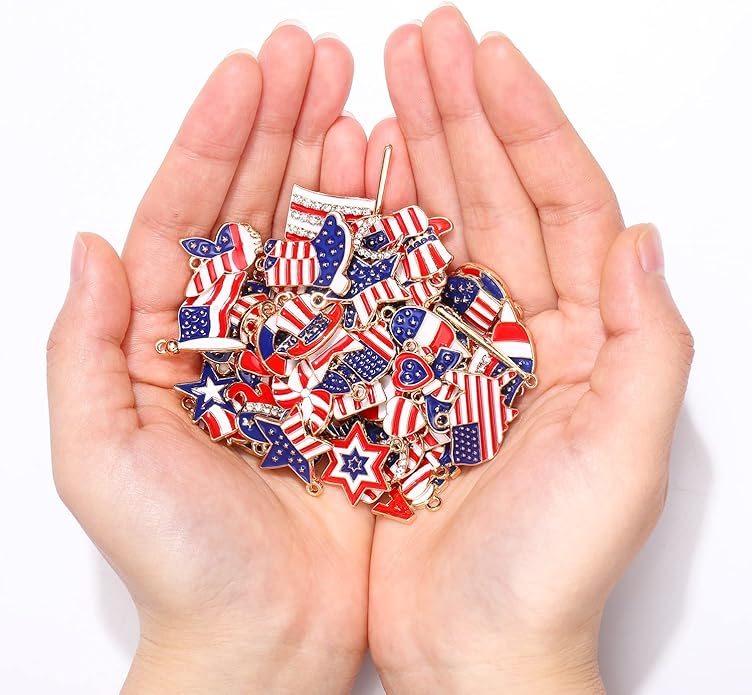 60PCS Patriotic Charms 4th of July Pendants for Jewelry Making Independence Day American Flag Heart Star Charms for Necklace Earring Bracelet Making Holiday Decorations