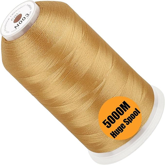 New brothread - Single Huge Spool 5000M Each Polyester Embroidery Machine Thread 40WT for Commercial and Domestic Machines - Gold (Janome Color)